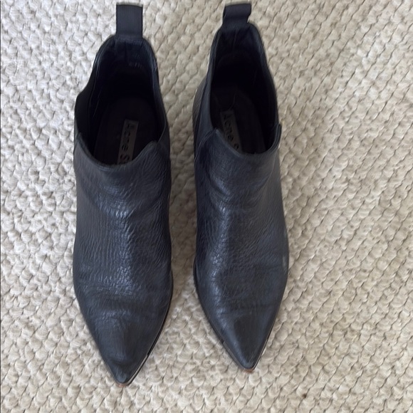 Acne Black Leather Ankle Boots with Pointed Toe and Elastic Panels - Picture 5 of 11